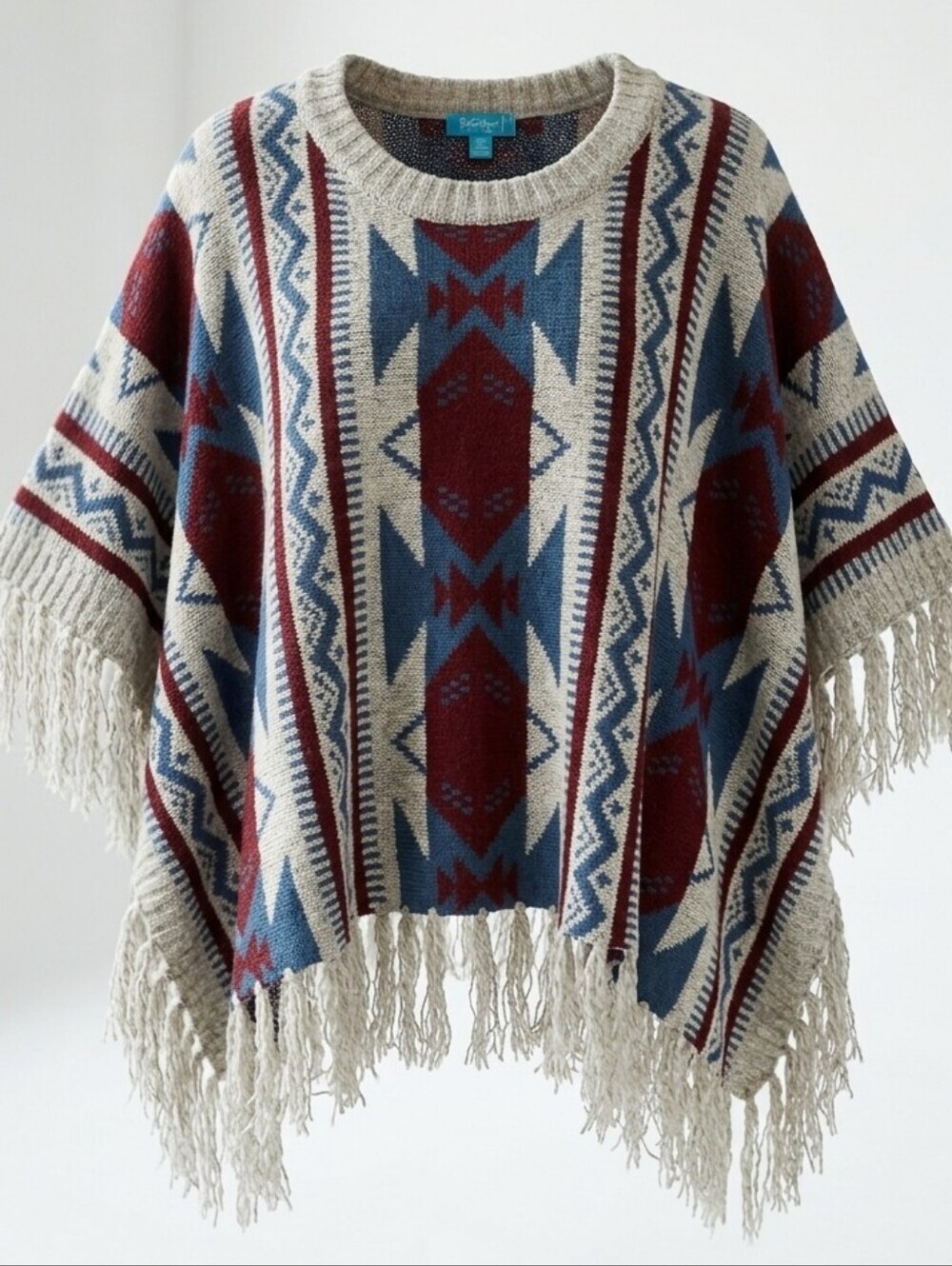 Aztec Fringe Knit Poncho Boho Artsy Sweater Western Yellowstone Style Sz. OS